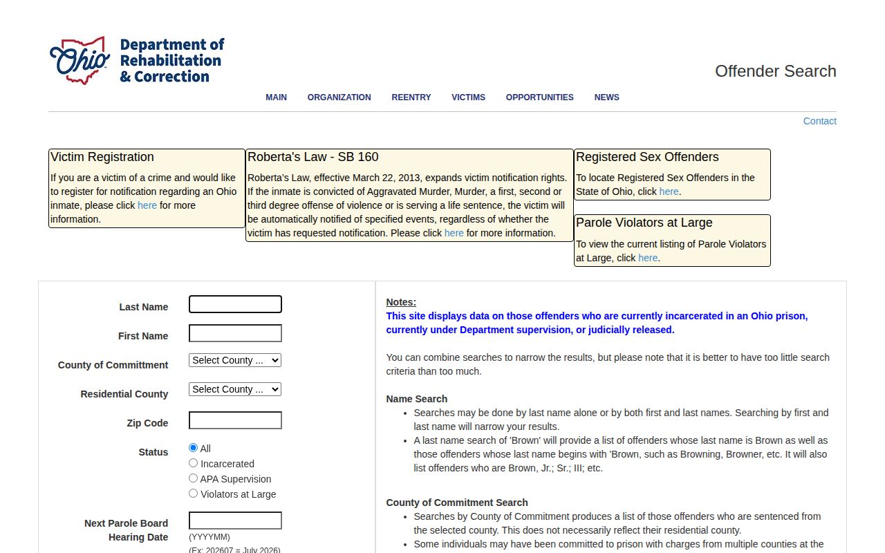 Holmes County ODRC released inmate search fields