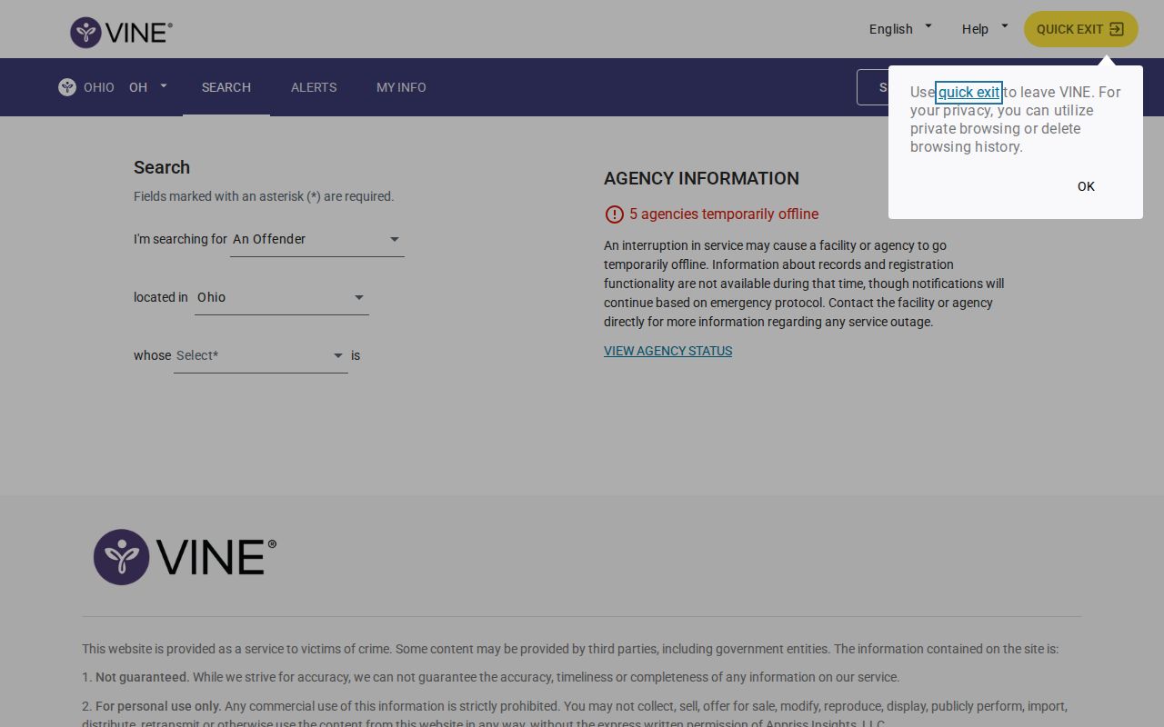 Ohio VINELink person search used for a Holmes County VINE inmate check