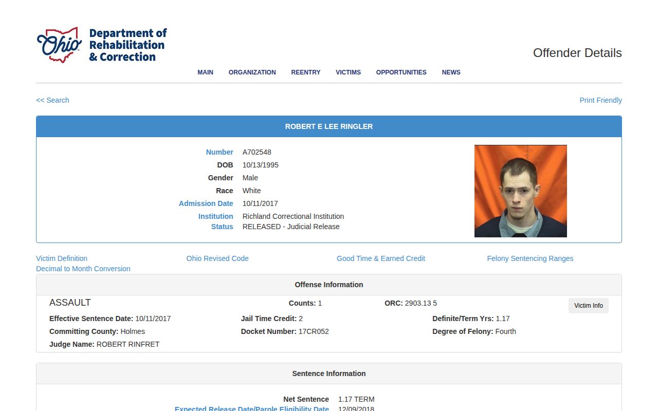 Holmes County released ODRC offender detail record