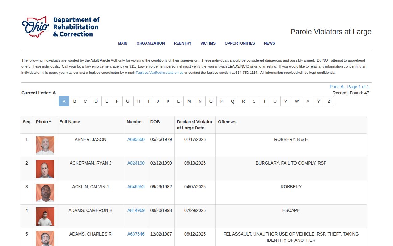 Holmes County post-release supervision check on the ODRC violators-at-large screen